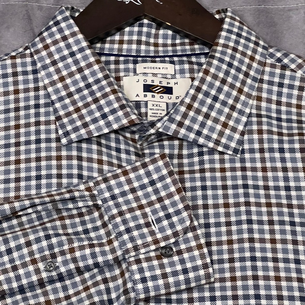 Joseph Abboud Button Down Shirt Mens XXL Gray Brown Check Excellent Modern Fit